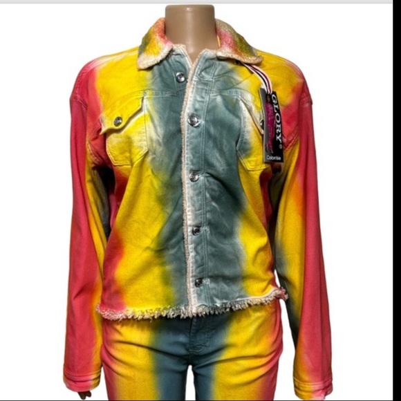Glory Denim Trucker Jacket Tie Dye  sherpa lined fray hem  Size 3X  X Large - Picture 8 of 17
